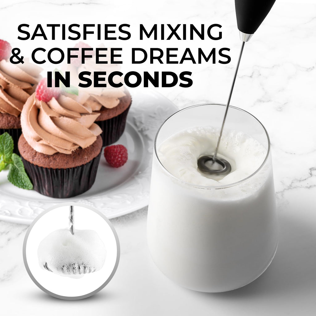 Zulay Kitchen Milk Frother Handheld Electric Whisk – Frother Wand with 2 Duracell Batteries, Durable Drink Mixer, Coffee Frother, Hand Blender, Frother for Protein Powder, Matcha & More - Black