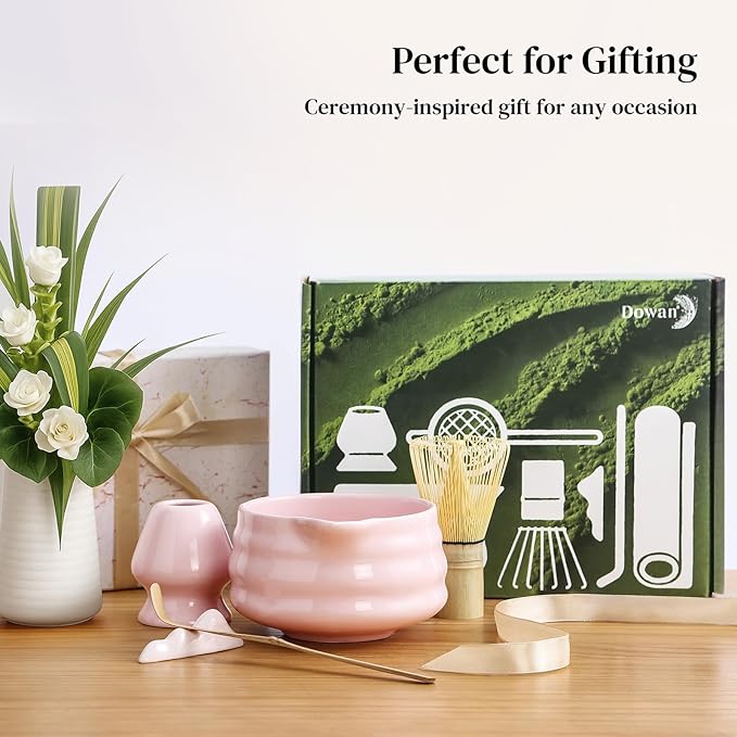 DOWAN Matcha Whisk Set, 7 Pcs Matcha Set Includes Bowl with Spout, Whisk and Holder, Bamboo Scoop and Holder, Sifter and Tea Towel - Matcha Kit Gift for Lovers Beginners (Pink)