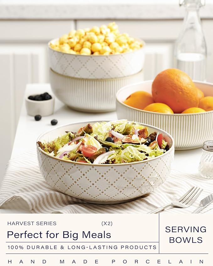 getstar Large Serving Bowls (9.5 inch & 92 fl oz), Ceramic Salad Bowl Set of 2, Microwave and Dishwasher Safe