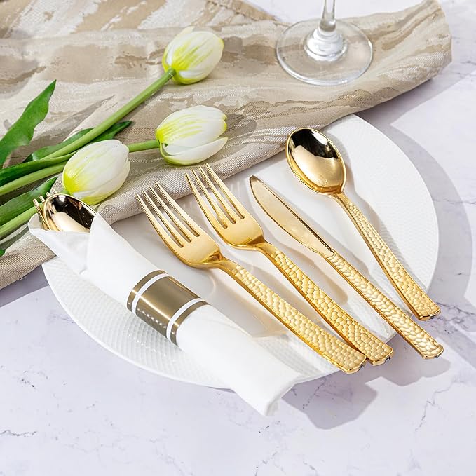 WELLIFE 100 Pack Gold Plastic Silverware, Pre Rolled Silverware Set Disposable,Plastic Cutlery Includes: 100 Forks, 100 Knives, 100 Spoons, 100 Napkins, Cutlery Set Disposable for Party