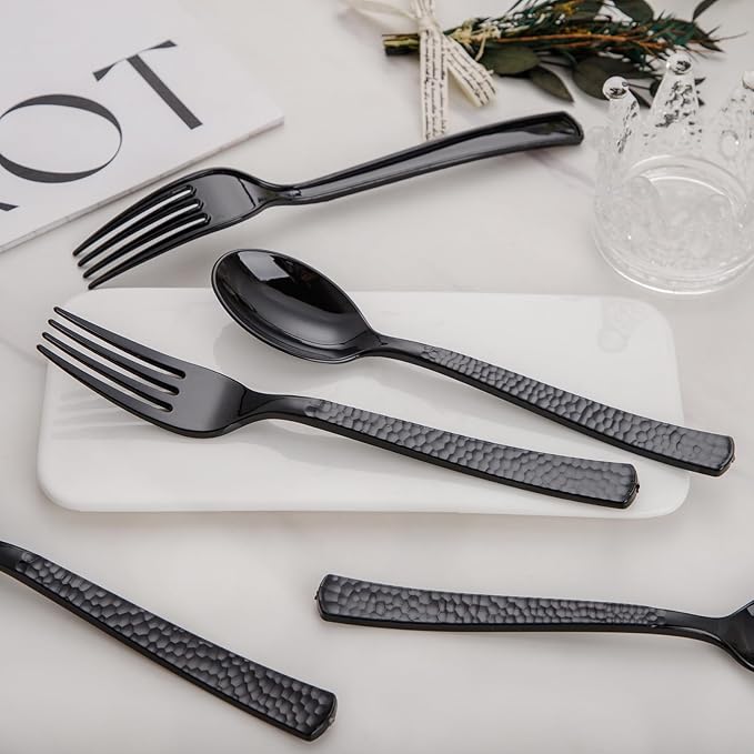 KIRE 400PCS Black Spoons and Forks Set - Black Plastic Silverware for Party