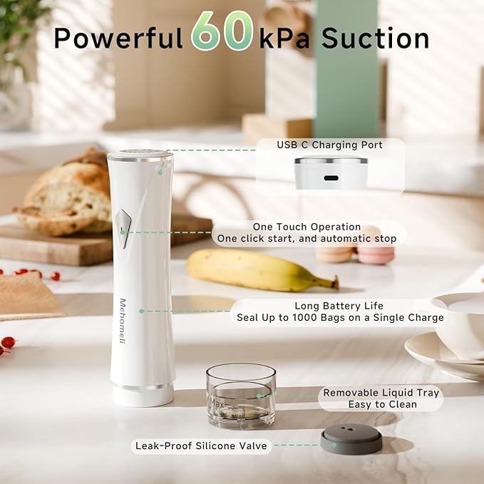 Mehomeli Compact Handheld Vacuum Sealer for Food with 20 Reusable Bags