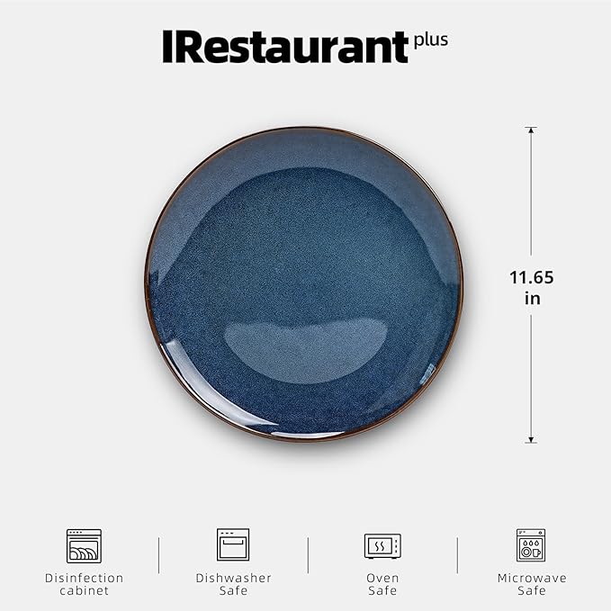 Organic Shape Highland Ceramic Dinner Plates, 12pcs 11.65 Inch Handmade Reactive Glaze Stoneware Plates with Wavy Edge, for Kitchen, Microwave & Dishwasher Safe, Scratch Resistant-Blue