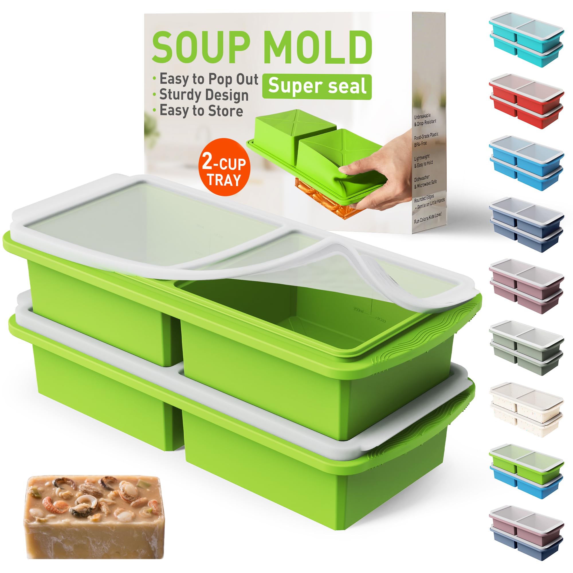 Silicone Freezer Tray with Lid Soup Freezer Container Molds with Steel Reinforced Rim Ice Cube Freezer Molds for Soup, Sauce, Leftovers, Homemade Meal Prep Containers Butter Molds Kitchen Sets