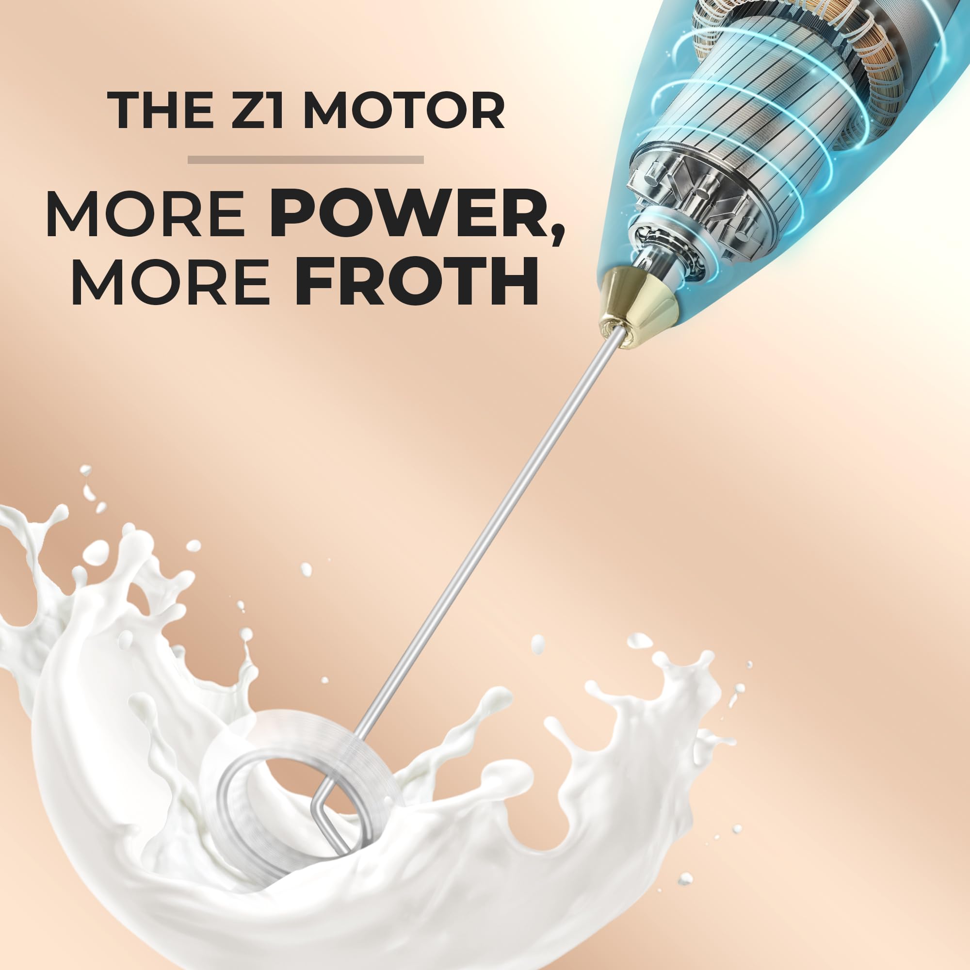 Zulay Kitchen Powerful Milk Frother Wand With Duracell Batteries - Ultra Fast Handheld Drink Mixer - Electric Whisk Foam Maker for Coffee, Lattes, Cappuccino & Matcha - Z1 Motor - Lake Gold