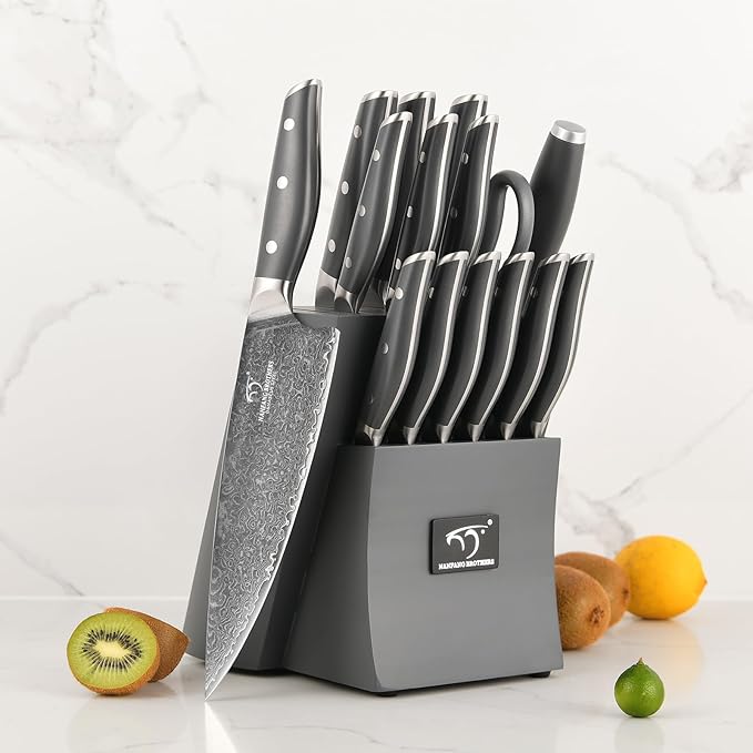 NANFANG BROTHERS 16-Piece Damascus Kitchen Knife Set, Gray Modern Knife Set