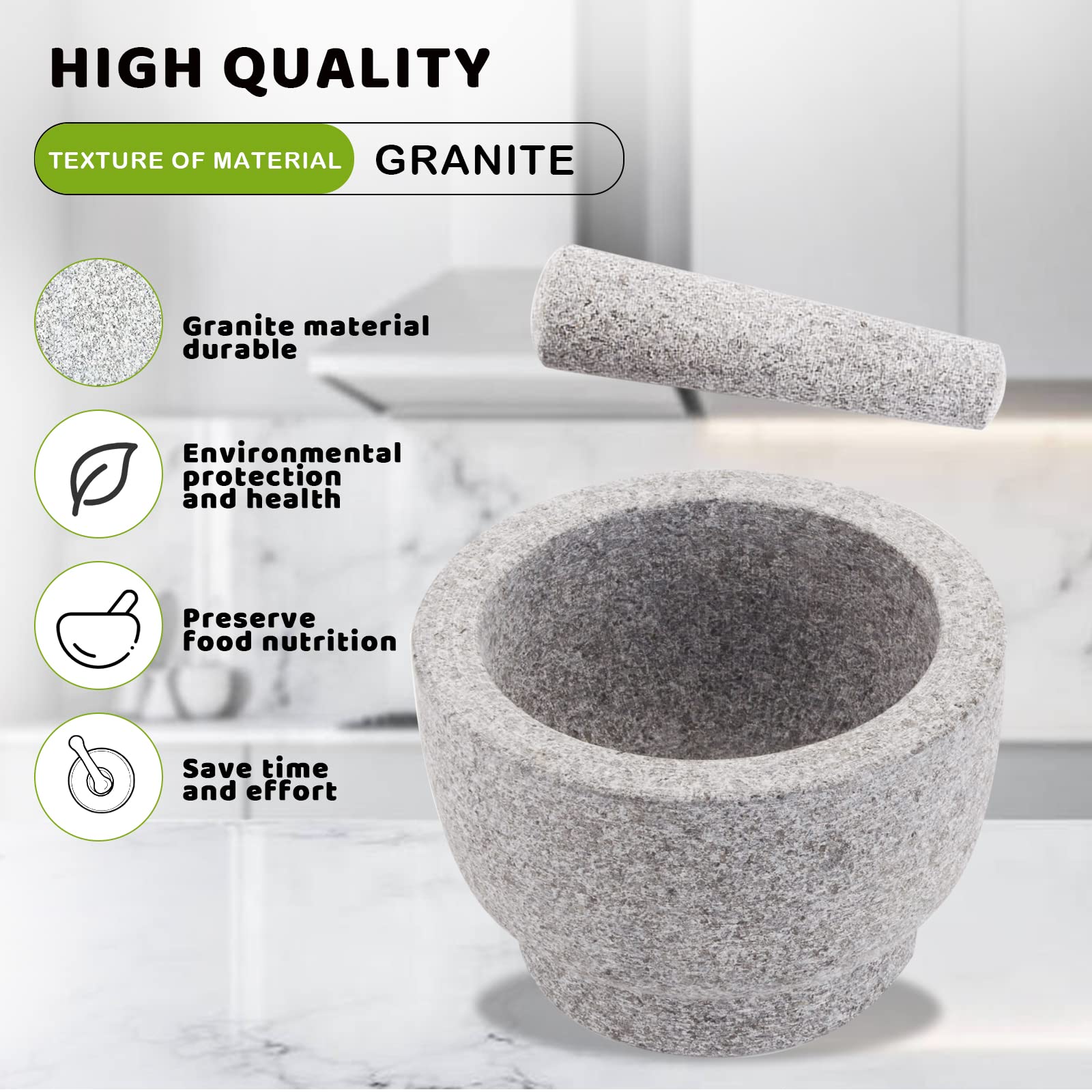 Comie Mortar and Pestle Set,Heavy Duty,Unpolished Granite,8Inch-5Cup Capacity,Grinder for Spices and Seeds,Grinding,Crushing and Mashing Spices,Nuts,for Guacamole,Garlic Sauce,Gray.