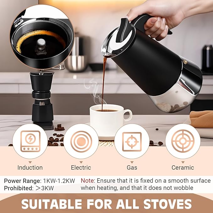 Suiitat 9 Cup Stainless Steel Moka Pot, 450ml Stovetop Espresso Maker, Black