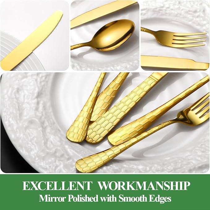 40 Pcs Gold Silverware Set for 8, Food Grade Stainless Steel Flatware Set, Eating Utensils Sets Include Fork/Knife/Spoon, Reusable Cutlery Set for Home Kitchen, Dishwasher Safe, Round Hammered