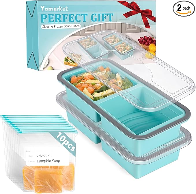 Yomarket Silicone Freezer Trays with Lids 2 Cup Soup Freezer Containers Molds with 10 Large Freezer Bags, 2 Pack Ice Cube Trays for Freezing Soups, Stews, and Sauces, Dishwasher Safe