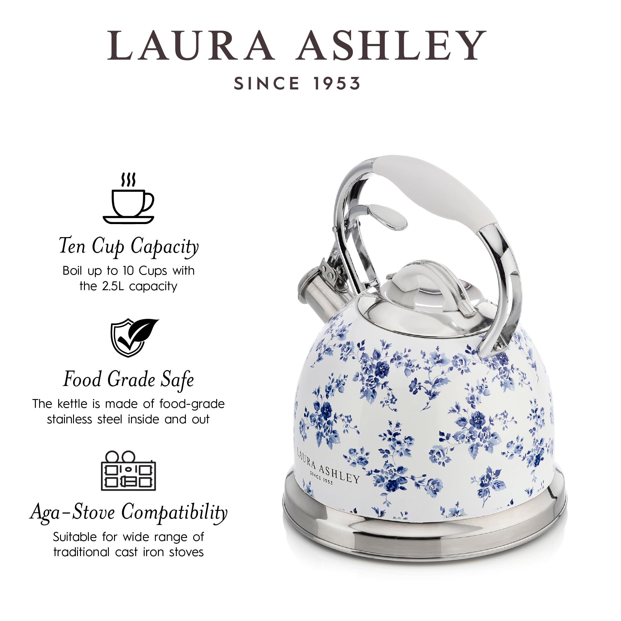 Laura Ashley China Rose Whistling Tea Kettle Stovetop, Tea Pot for Stove