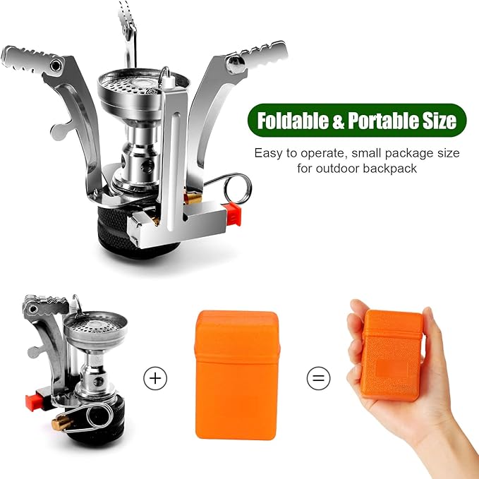 Odoland 8pcs Camping Cookware Mess Kit, Camping Pot and Pan Set with Mini Backpacking Stove, Stainless Steel Cup, Spork and Tank Bracket, Cooking Gear for Outdoor, Hiking, Picnic, Campfire, Green