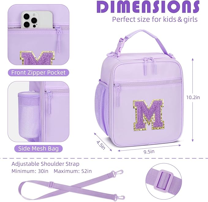 CLOUDWINGS Initial Insulated Lunch Bag for Girls Kids, Back to School Gift, Reusable Leak-proof Lunch Box with Adjustable Strap for School Daycare Travel Picnic (Purple,M)