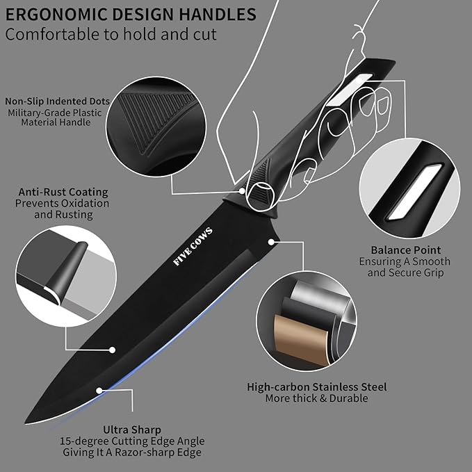 FIVE COWS Premium 12-Piece Kitchen Knives Set with Universal Knife Block
