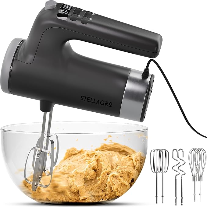 Electric Hand Mixer 350W, 9 Speed Handheld Mixer with Timer, Beaters, Whisks & Dough Hooks, Storage Case, Kitchen Mixer for Baking, Eggs, Cream, Cookie Dough & Frosting, Gray