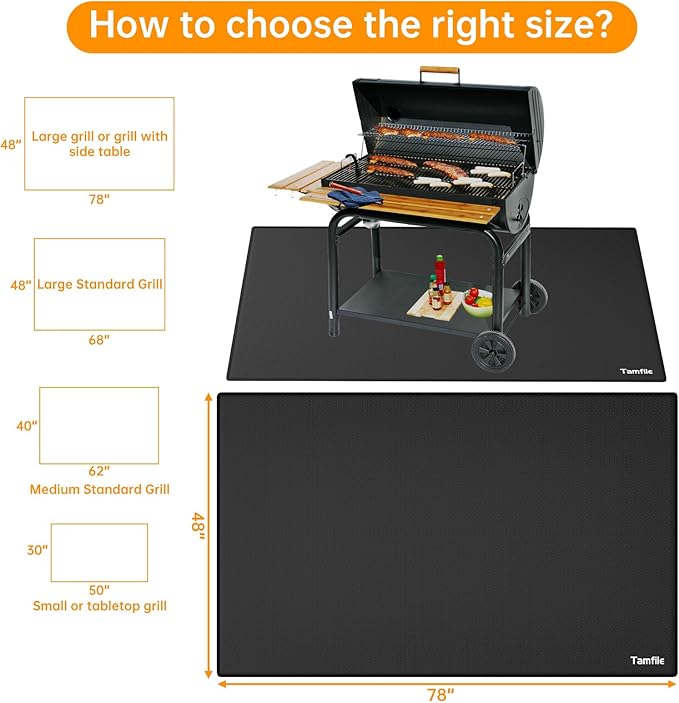 Tamfile Large Fireproof Grill Mat for Outdoor BBQ (78 x 48 Inch, Black)