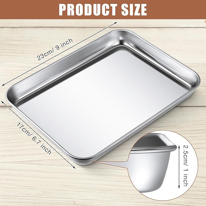 Potchen 3 Pcs Baking Sheet Pan Set Stainless Steel Cookie Sheet Small Toaster Oven Pans Tray Barbecue Grill Pan Rectangle Trays Oven Freezer Bakery, Non-stick, Easy Clean, 9 x 6.7 x 1 Inches