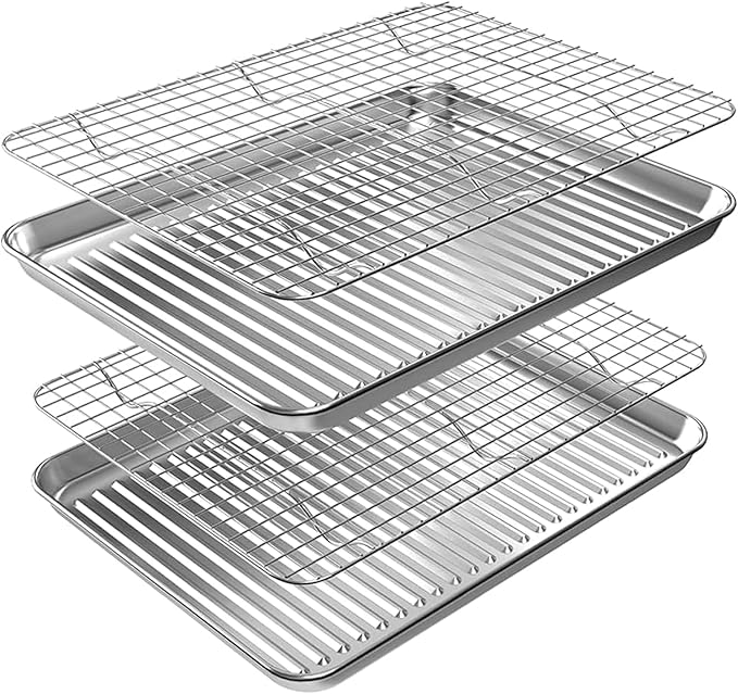 Half Baking Sheet Pan Cooling Rack Set, Stainless Steel 2 Pans + 2 Racks