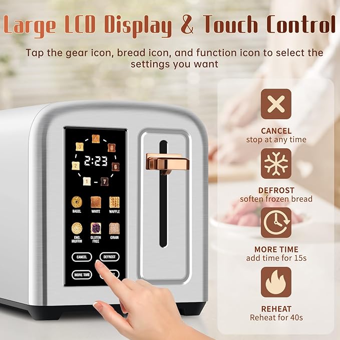 SEEDEEM 2-Slice Touchscreen Toaster, Stainless, 7 Shade, 1350W, Silver