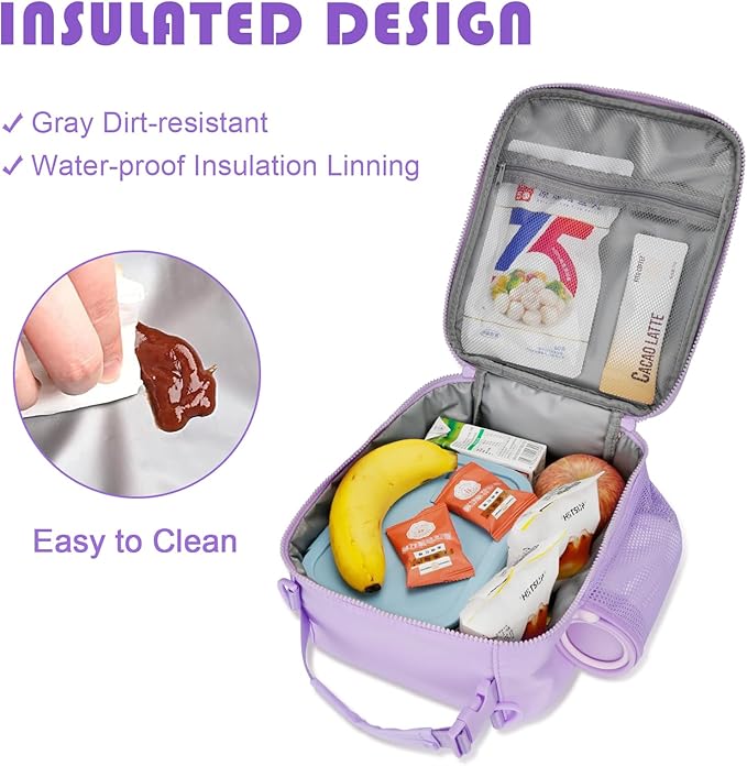 CLOUDWINGS Initial Insulated Lunch Bag for Girls Kids, Back to School Gift, Reusable Leak-proof Lunch Box with Adjustable Strap for School Daycare Travel Picnic (Purple,A)