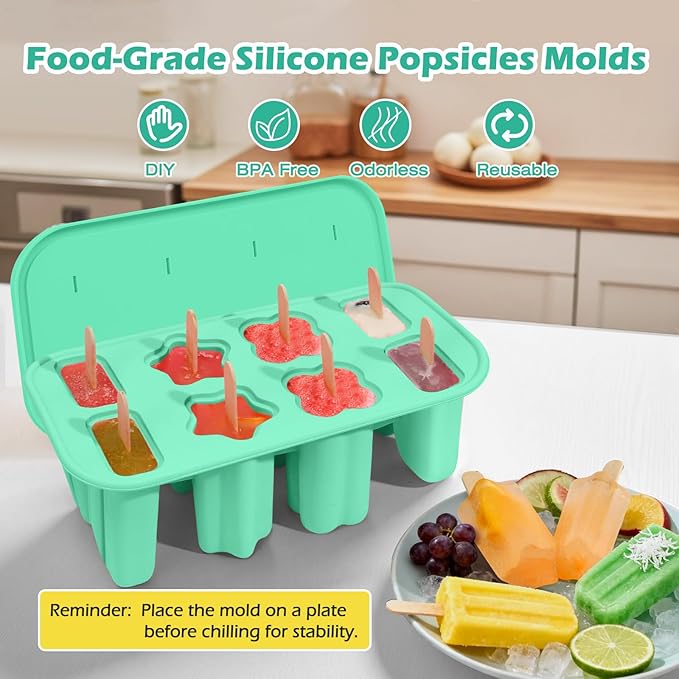 Firstfooby Popsicles Molds, 8-Cavity Silicone Popsicle Molds with 50 Sticks, BPA-Free Ice Pop Mold Popsicle Maker with Funnel & Cleaning Brush for Kids Adult Teens