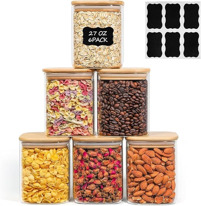 ComSaf Glass Jars with Bamboo Lids 0.8 Qt, Set Of 6 Pantry Galss Jars