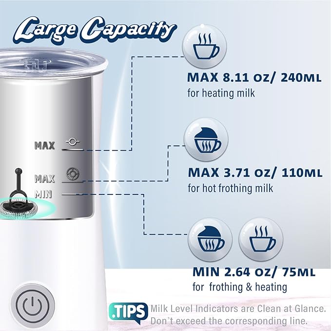 Huogary Milk Frother Simple Milk Frother and Steamer 2-in-1 Milk Steamer with Hot Milk Foam and Hot Milk for Latte, Macchiato, Cappuccinos, White （Medium）