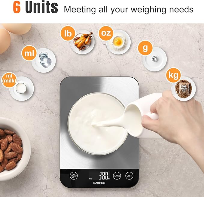 BakFee Food Scale, 33lb Kitchen Scale, 1g Precision, USB-C Charging, Black
