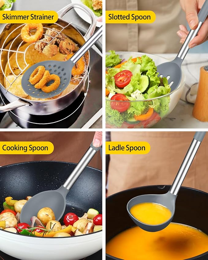 Silicone Cooking Utensils Set, 8 Pcs Kitchen Utensils with Holder, Gray