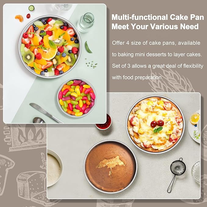 Homikit Mini Round Cake Pan Set of 3, 4 Inch Stainless Steel Small Baking Pans, Layer Smash Cake Tins for Birthday Baby Shower Wedding Party, Oven & Dishwasher Safe