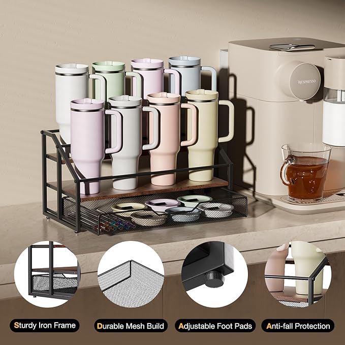MOJOHAND 3-Tier Stanley Cup Rack with Basket for 8 Tumblers