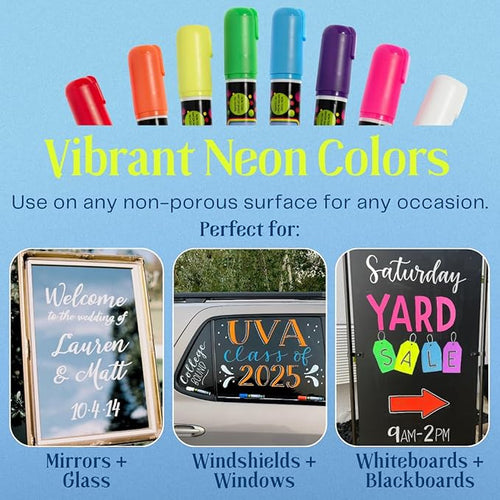 10mm JUMBO Tip Liquid Chalk Drawing Markers for Car Windows, Auto Windshields, Mirrors, White Boards, Retail + Restaurant Signs. Erasable Chalk Markers – Washable – Neon 8pck - 3 writing options