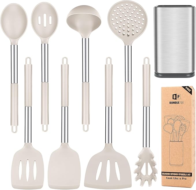 Silicone Cooking Utensils Set, 8 Pcs Kitchen Utensils with Holder, Khaki