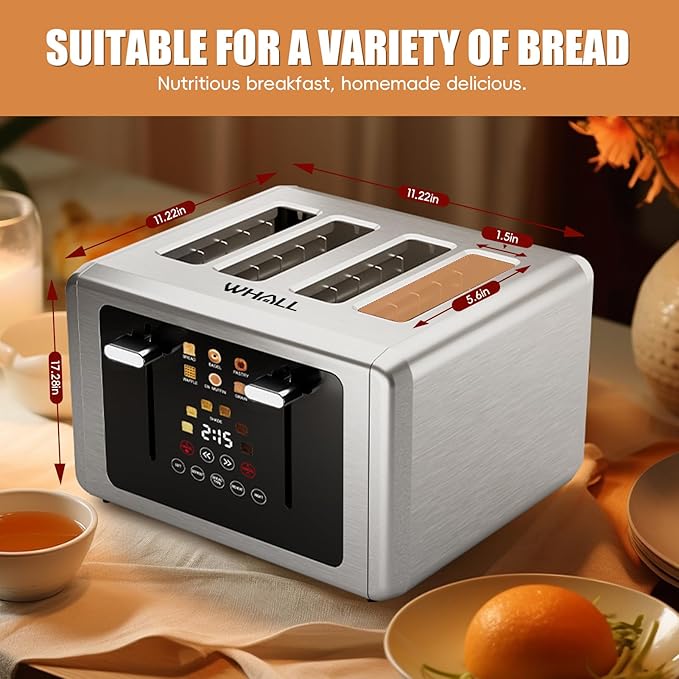 whall 4 Slice Touch Screen Toaster, Stainless Steel Toasters Digital Timer, Dual Control Panel Toasters，6 Shade Settings＆6 Bread Types, Smart Wide Slots, Bagel, Cancel, Defrost, Flat lever Silver