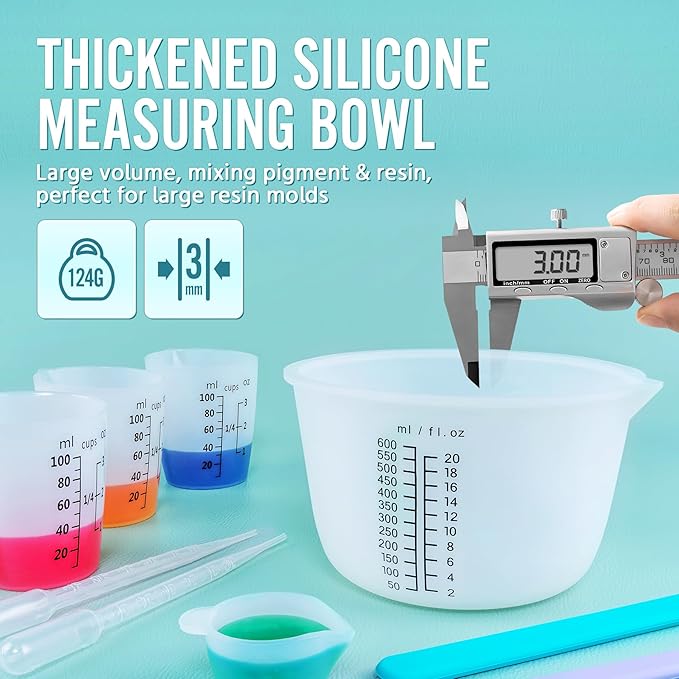 SWIGRANCE Silicone Resin Mixing Measuring Cups for Resin Supplies, Easy-to-Read Marks, 600ml/20oz Bowl, 250&100ml Thickened Reusable Silicone Cups for Epoxy Mixing, with Stir Sticks, Jewelry Making