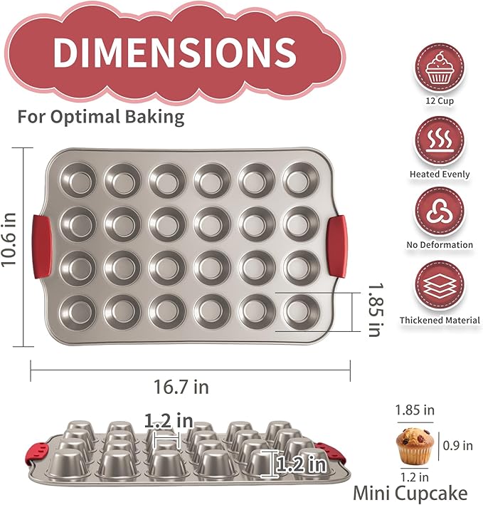 Shinsin 24 Cup Mini Cupcake Pan with Silicone Handles, Non-Stick Mini Muffin Pan, Baking Molds for Mini Cupcakes, Muffins, Quiches, Carbon Steel Mini Baking Pan, Dishwasher Safe (2 Pack)