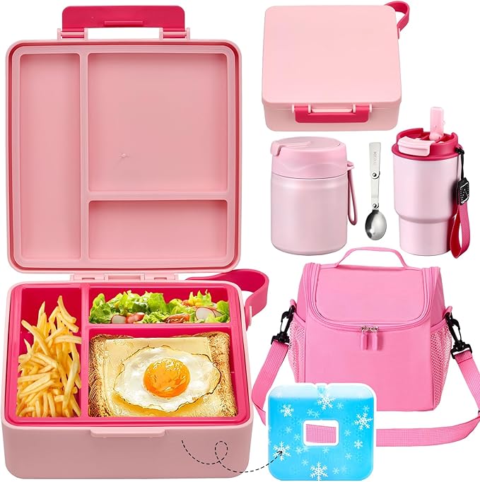 Pawtong Lunch Box Set with Bento Box Container, 17OZ Stainless Steel Food Soup Thermo, Kids Water Bottle & Portable Insulated Lunch Bag – Leakproof, Hot/Cold Retention for School, Travel(Pink)