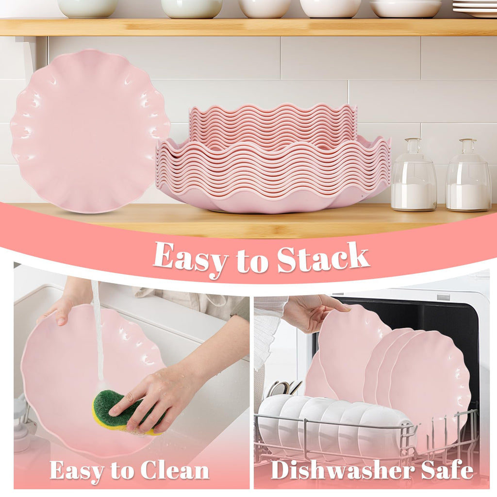 LIYH 50 Pcs Pink Plastic Plates Reusable - Durable and Dishwasher Safe Baby Shower Plates Wavy Daisy Plastic Flower Plate for Party Wedding Birthday Picnics BPA Free (25Guests)