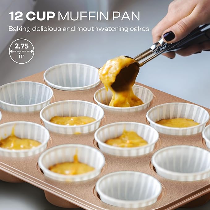 12-Piece Nonstick Bakeware Set with Baking Pan - Ceramic Coated Gold