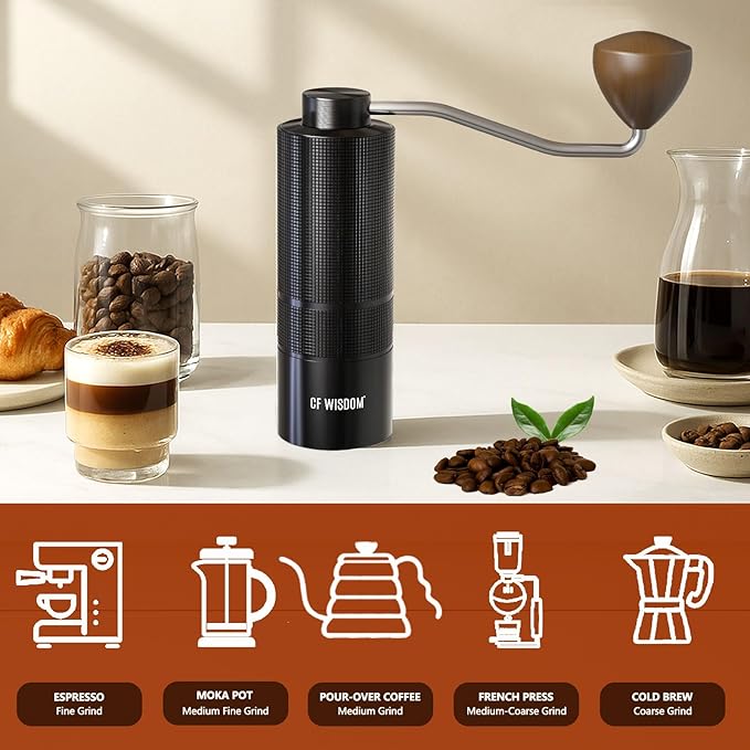 CF WISDOM Portable Manual Coffee Grinder with Stainless Steel Conical Burr
