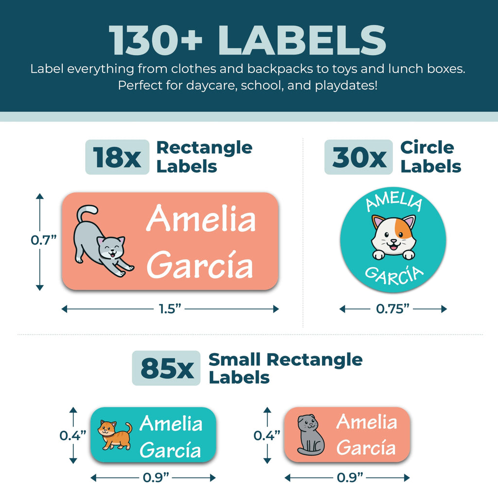 Bunny Badges Personalized Daycare Name Labels for Kids (130 Labels) - Custom Waterproof Name Stickers for Clothing Tags, Water Bottles, Lunch Boxes and School Supplies (Cats)