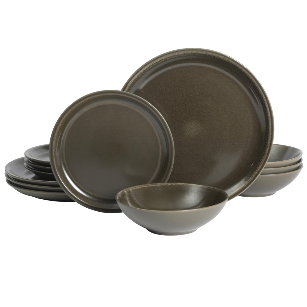 Gibson Elite 12 Piece (Service for 4) Lakecrest Plates and Bowls Reactive Glaze Round Dishes Stoneware Ceramic Dinnerware Set - Dark Green
