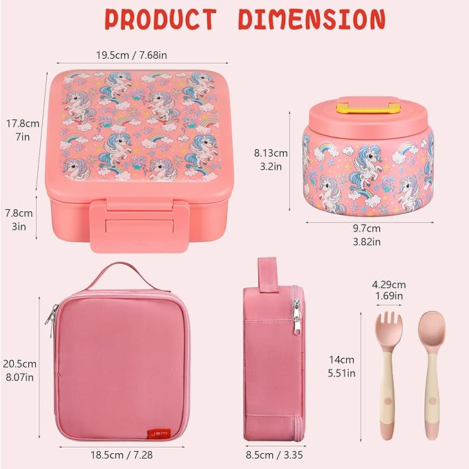 JXXM Bento Lunch Box for Kids With 8oz Soup Thermo,Leak-proof Lunch Containers with 5 Compartment,Thermos Food Jar and Lunch Bag, Food Containers for School (A-Pink(Fantasy Unicorn))