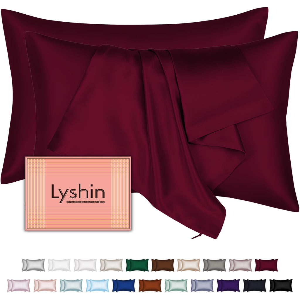 Silk Pillow Cases 2 Pack Standard Size with Hidden Zipper, Mulberry Silk Pillowcase for Hair and Skin, Smooth and Soft Breathable Cooling Silk Satin Pillowcase Set of 2, Gifts for Women，Burgundy Red