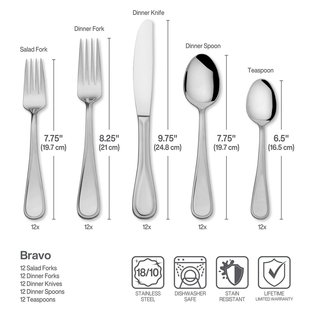 Mikasa Bravo 65-Piece Flatware Set, Service for 12, 18/10 Stainless Steel Silverware with Mirror Finish, Includes 5 Serving Utensils, Dishwasher Safe