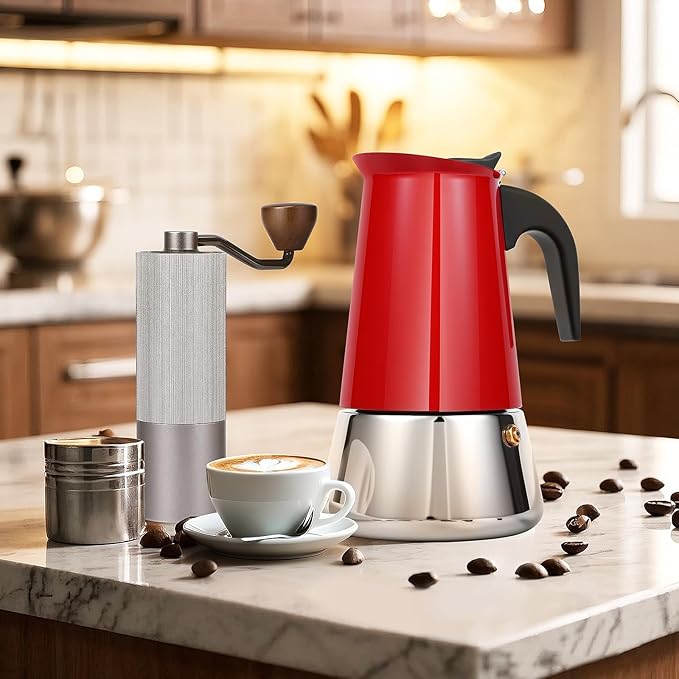 Suiitat 6 Cup Stainless Steel Moka Pot, 300ml Stovetop Espresso Maker, Red
