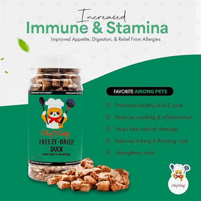 Chef Kitty Duck Dog Treats | 100% Human Grade Freeze Dried Cat Treats, Single Ingredient | High Protein Cat & Dog Food Toppers | No Additives or Preservatives | Inspected & Tested in USA | 1.6 oz