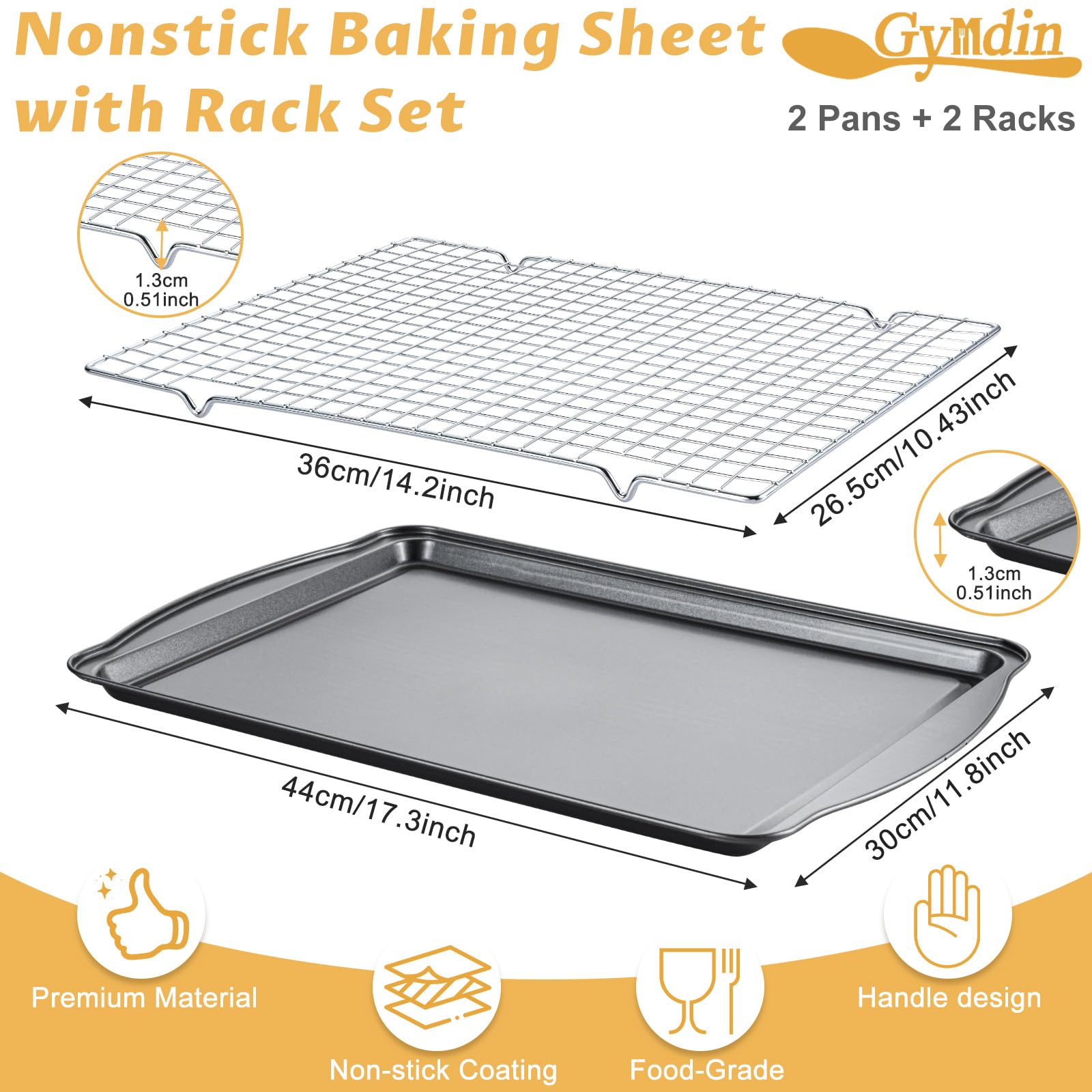 Gymdin Baking Sheet with Cooling Racks - 17'' x 11" x 0.5" Carbon Steel Cookie Sheets for Baking [2 Sheets + 2 Racks], Nonstick Baking Pans, Perfect for Baking, Roasting, and More