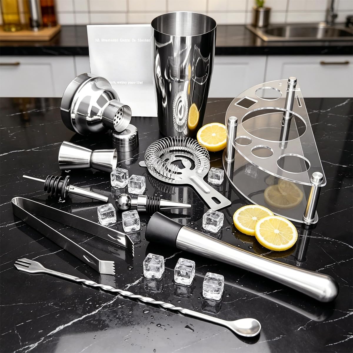 9-Piece Cocktail Shaker with Stand, 25oz Bartender Kit, Cocktail Shaker with Strainer Set, Bar Set Jigger for Bartending Drink Mixer Set, Cocktail Set Recipe (Silver)