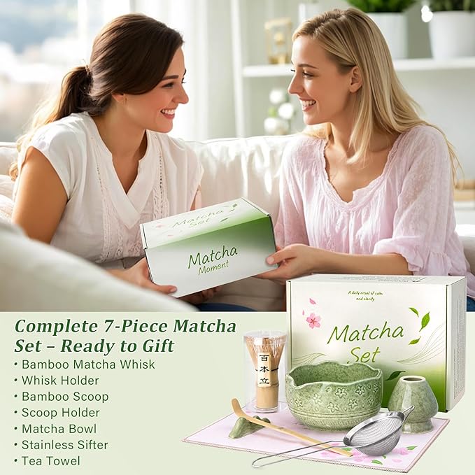 ALBISS Matcha Whisk Set, 7Pcs Ceramic Matcha Kit with Cherry Blossom Design